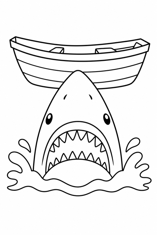 Great white shark poking out under a boat: A great white shark poking its head out of the water beneath the outline of a small boat, free printable coloring page
