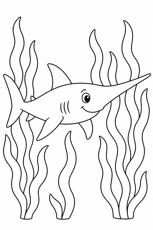 Long-nosed shark swimming near seaweed: A shark with a long pointed snout swimming forward among tall strands of seaweed, free printable coloring page