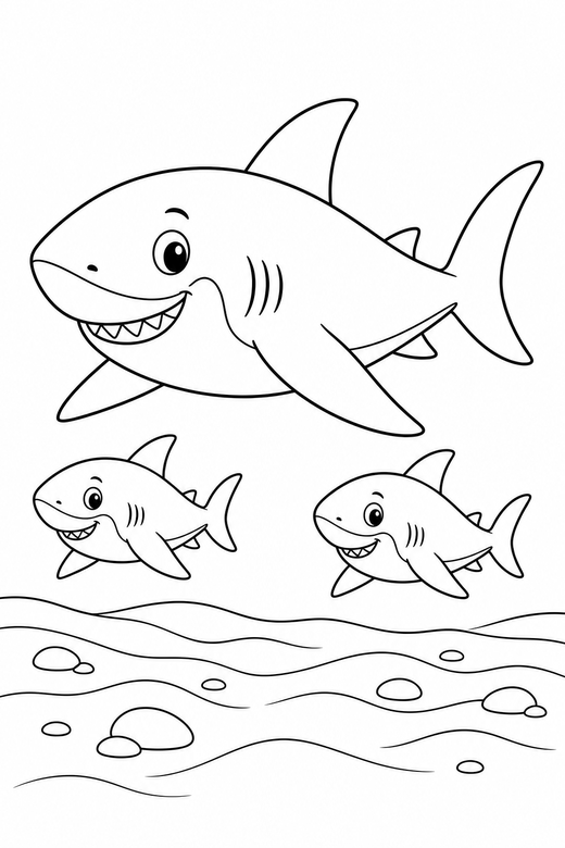 Shark family gliding over the sand: A large shark with two small ones following gliding with fins spread just above a rippled sandy seabed, free printable coloring page