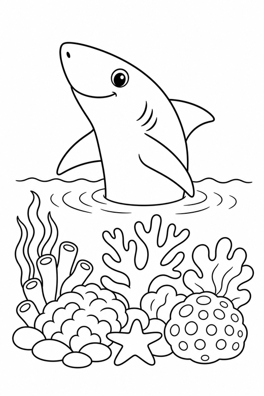 Reef shark poking out over a reef: A slim reef shark poking its head out of the water above a coral reef, free printable coloring page