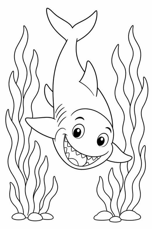 Smiling cartoon shark diving down: A friendly cartoon shark with a wide smile diving downward among tall strands of seaweed, free printable coloring page