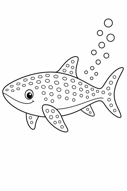 Whale shark side view with bubbles: A whale shark with spotted skin shown in side profile with a trail of bubbles behind it, free printable coloring page