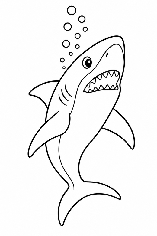 Great white shark rising with bubbles: A great white shark rising toward the surface with a trail of bubbles behind it, free printable coloring page