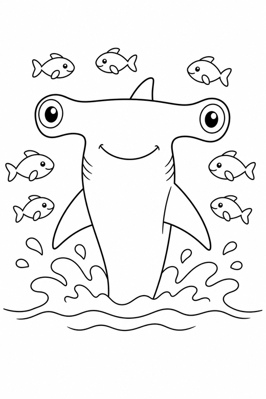 Hammerhead shark poking out with small fish: A hammerhead shark poking its head out of the water with a school of small fish around it, free printable coloring page