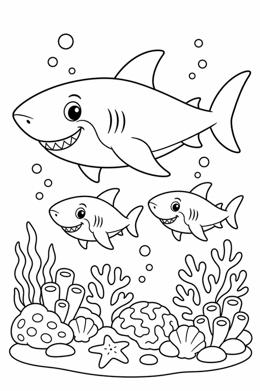 Shark family swimming over a reef: A large shark with two small ones following swimming forward above a coral reef, free printable coloring page