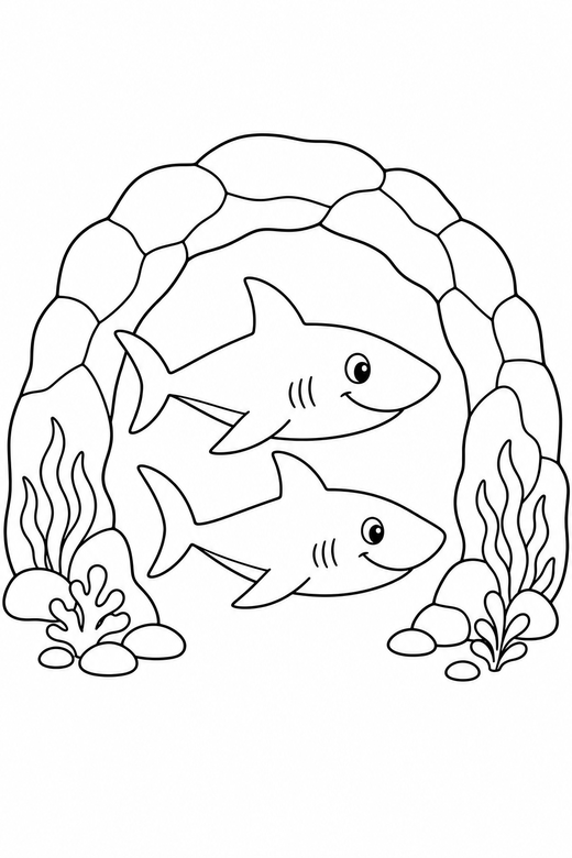 Two sharks side view near a rock arch: Two sharks swimming together shown in side profile passing under an arch of rock, free printable coloring page