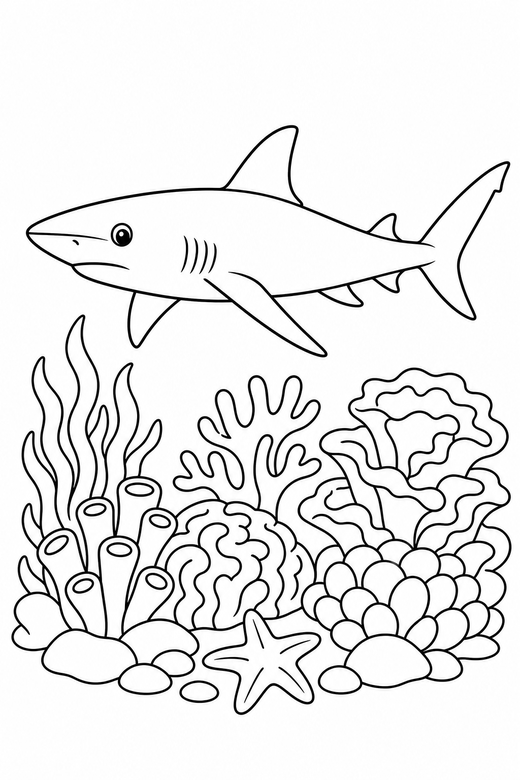Reef shark swimming over a reef: A slim reef shark swimming forward above a coral reef, free printable coloring page