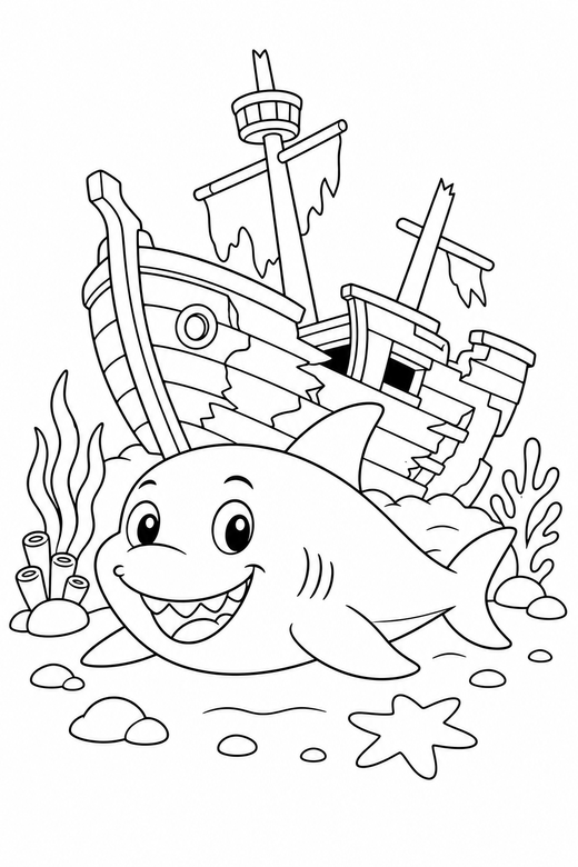 Smiling cartoon shark resting by a shipwreck: A friendly cartoon shark with a wide smile resting still beside a sunken wooden ship, free printable coloring page