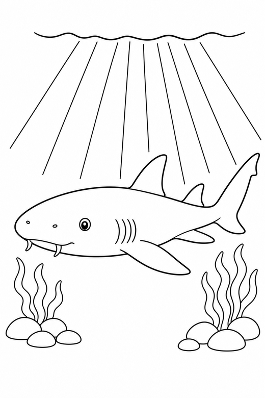 Nurse shark in open water: A nurse shark with a blunt rounded snout resting still in open water with light rays from above, free printable coloring page