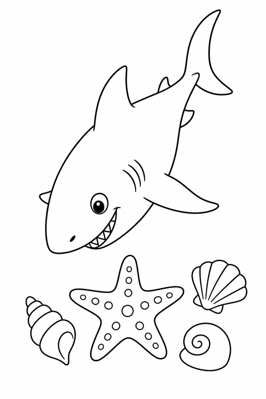 Great white shark diving down by a starfish: A great white shark diving downward near a starfish and a few shells, free printable coloring page