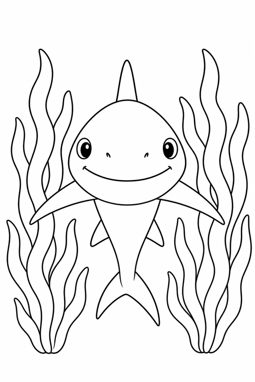 Reef shark seen head on near seaweed: A slim reef shark seen from the front, facing you among tall strands of seaweed, free printable coloring page