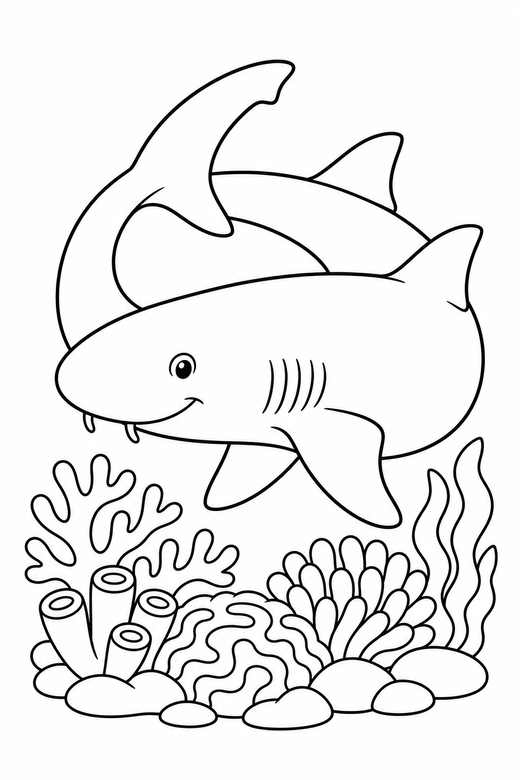 Nurse shark curled over a reef: A nurse shark with a blunt rounded snout curled with its tail toward its head above a coral reef, free printable coloring page