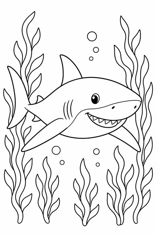 Great white shark gliding near seaweed: A great white shark gliding with fins spread among tall strands of seaweed, free printable coloring page