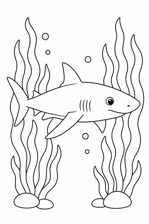 Reef shark swimming near seaweed: A slim reef shark swimming forward among tall strands of seaweed, free printable coloring page