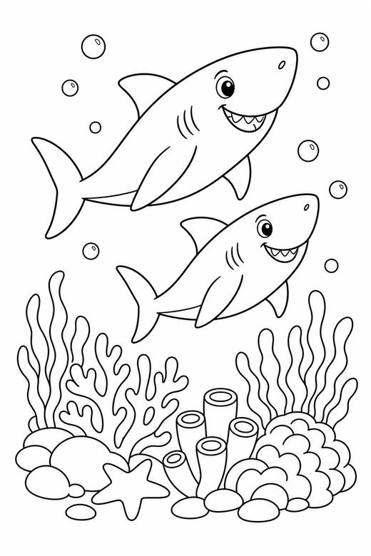 Two sharks rising over a reef: Two sharks swimming together rising toward the surface above a coral reef, free printable coloring page