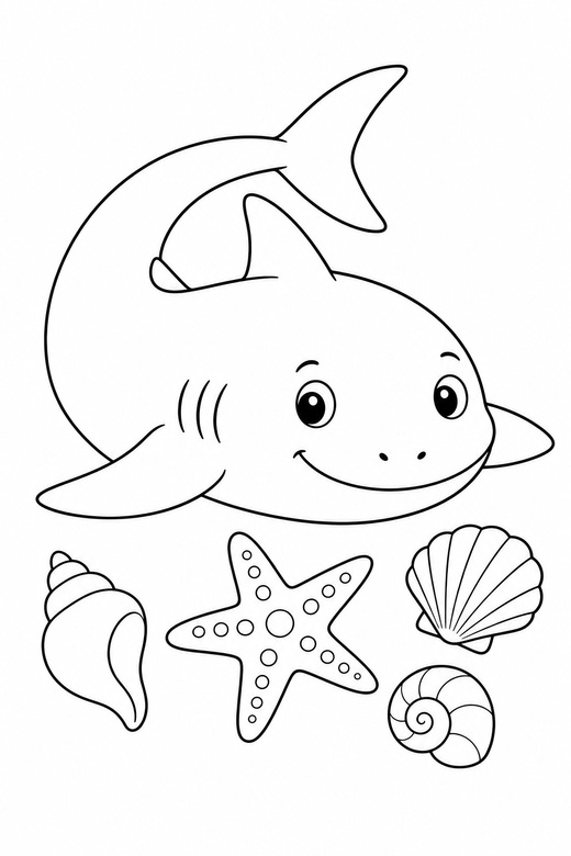 Flat-bodied shark curled by a starfish: A flat, wide-bodied shark curled with its tail toward its head near a starfish and a few shells, free printable coloring page