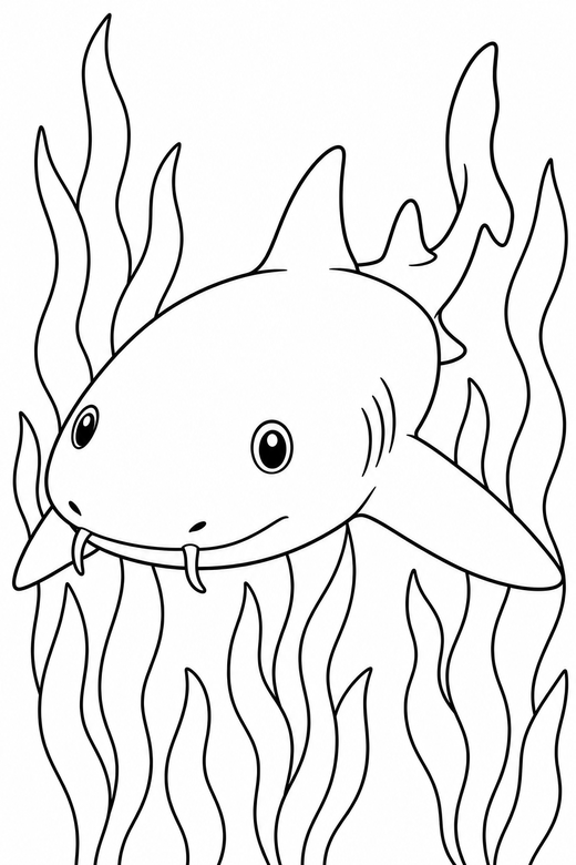 Nurse shark near seaweed: A nurse shark with a blunt rounded snout drawn large and close up among tall strands of seaweed, free printable coloring page