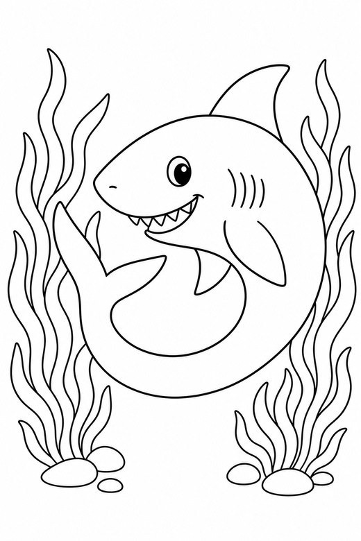 Great white shark curled near seaweed: A great white shark curled with its tail toward its head among tall strands of seaweed, free printable coloring page