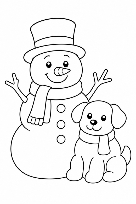 Snowman with a snow dog, color online
