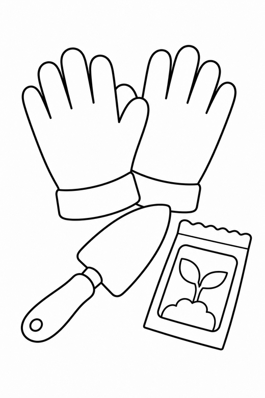 Garden gloves and trowel, color online