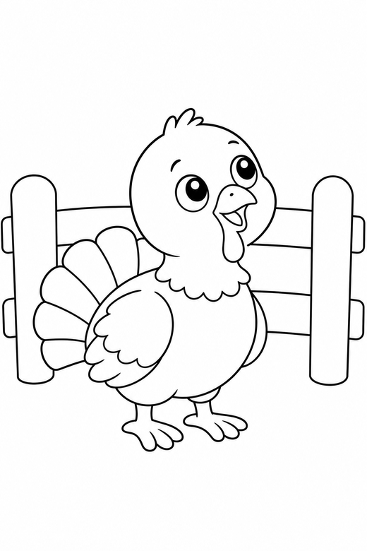 Turkey chick looking up by a fence, color online