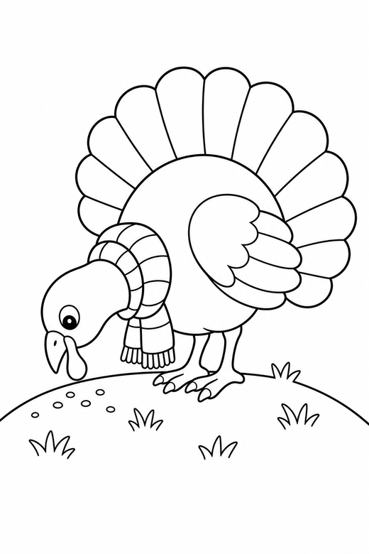 Turkey with a scarf pecking on a hill, color online