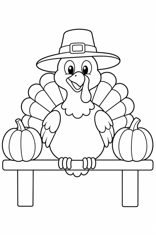 Turkey in a hat perched with pumpkins, color online