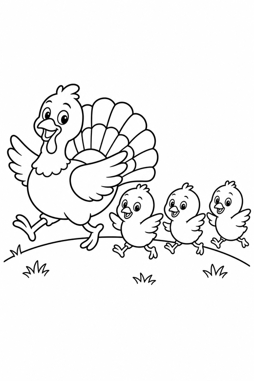 Turkey family running on a hill, color online