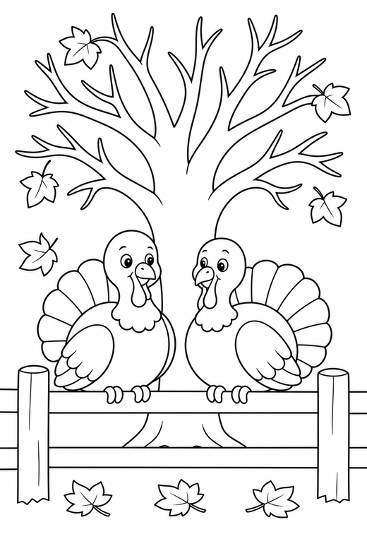Two turkeys perched under a tree, color online