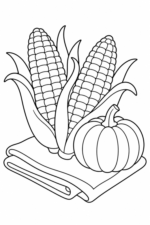 Corn cobs on a cloth with a small pumpkin, color online