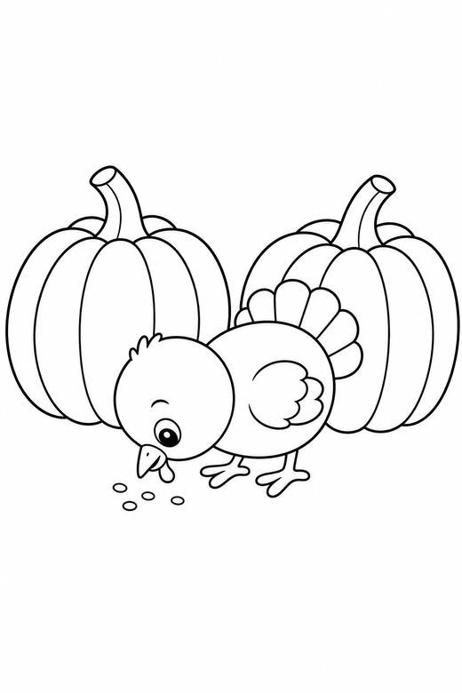 Turkey chick pecking with pumpkins, color online