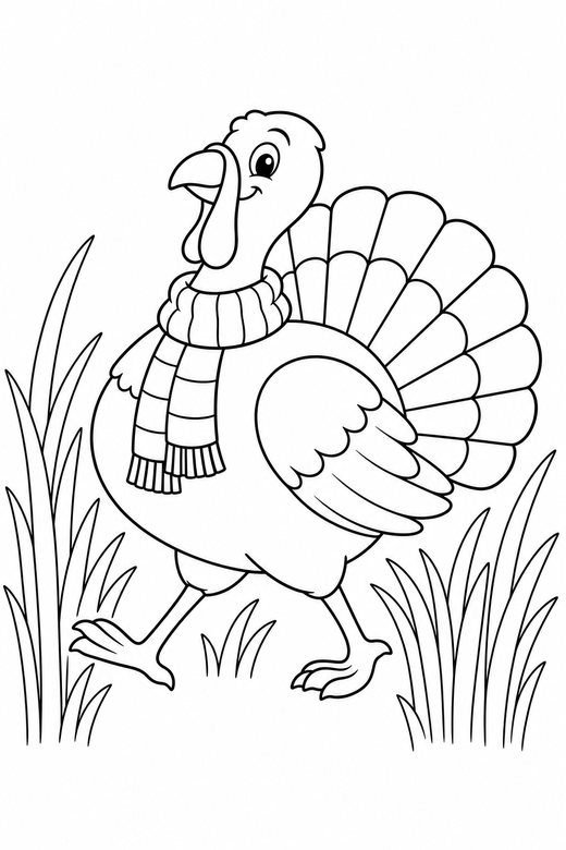 Turkey with a scarf strutting in tall grass, color online