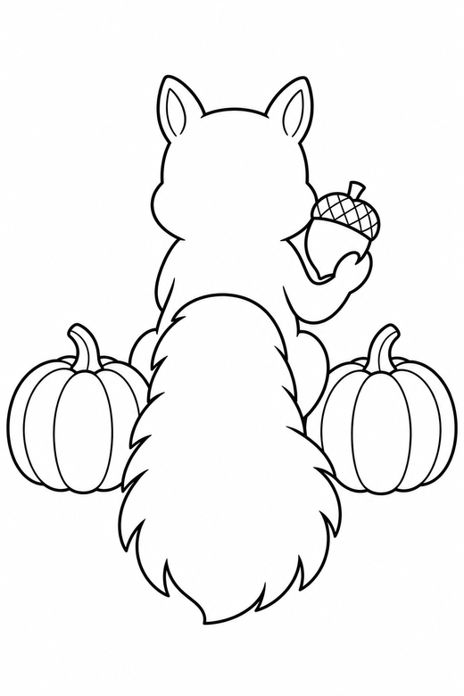 Squirrel seen from behind with pumpkins, color online