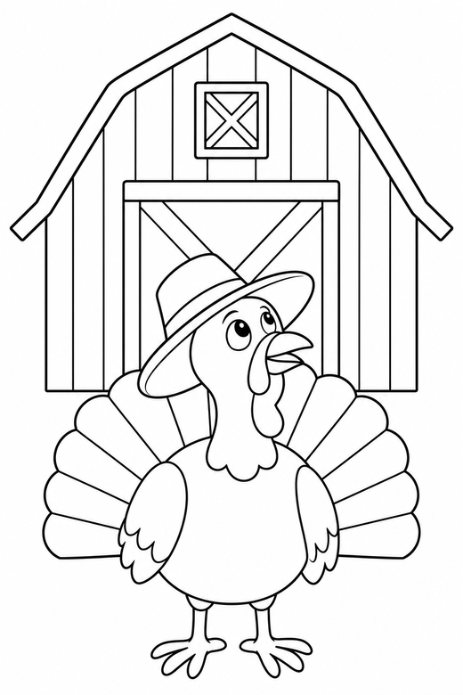 Turkey in a hat looking up by the barn, color online