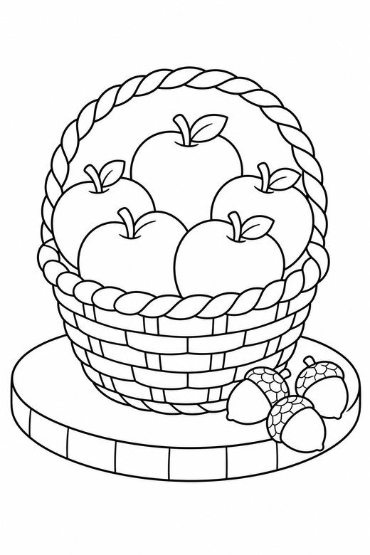 Apple basket on a board with acorns, color online
