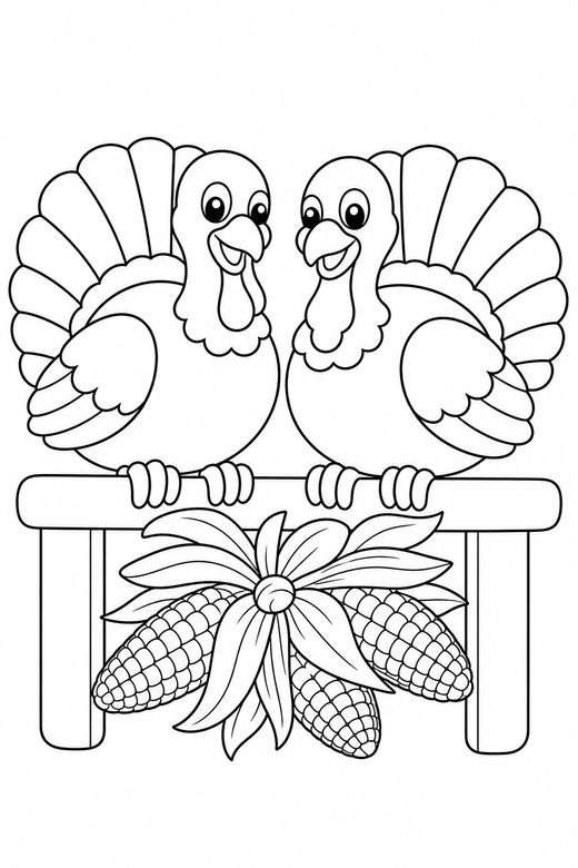 Two turkeys perched with corn, color online