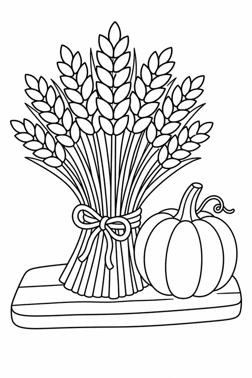Wheat bundle on a board with a small pumpkin, color online