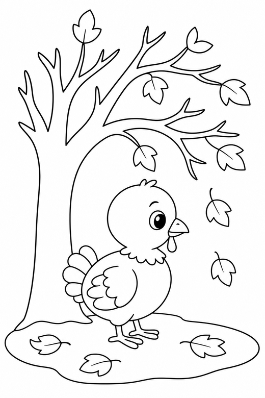 Turkey chick standing under a tree, color online