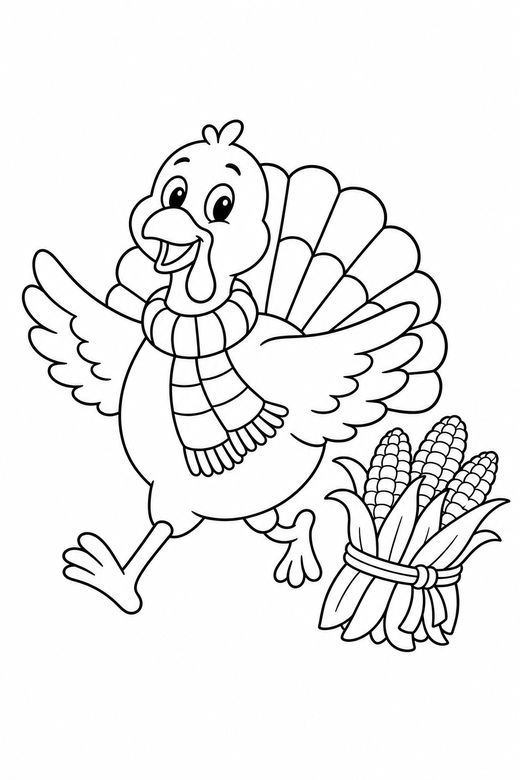 Turkey with a scarf running with corn, color online