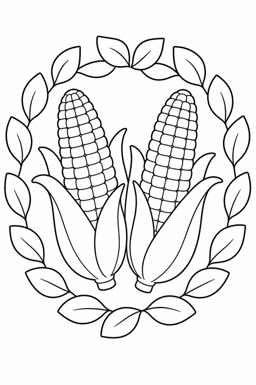 Corn cobs seen from above framed by a wreath, color online