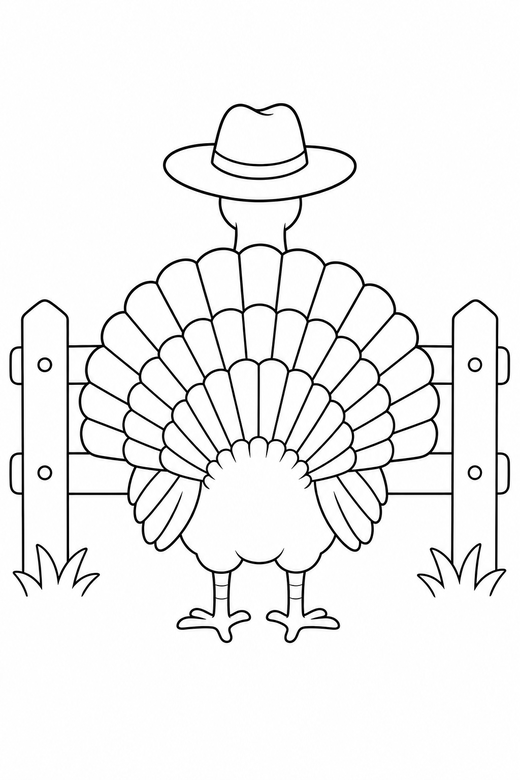 Turkey in a hat seen from behind by a fence, color online
