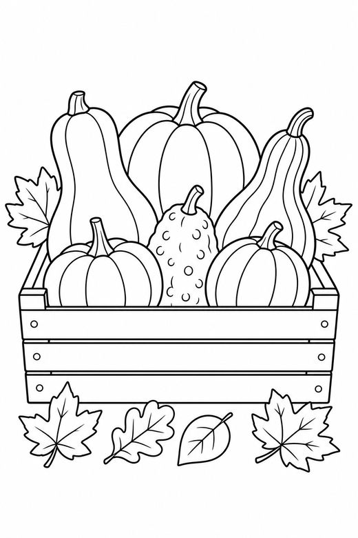 Squash and gourds in a crate with leaves, color online