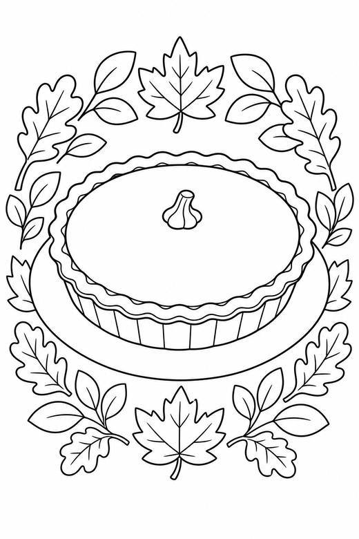 Pumpkin pie on a plate framed by a wreath, color online