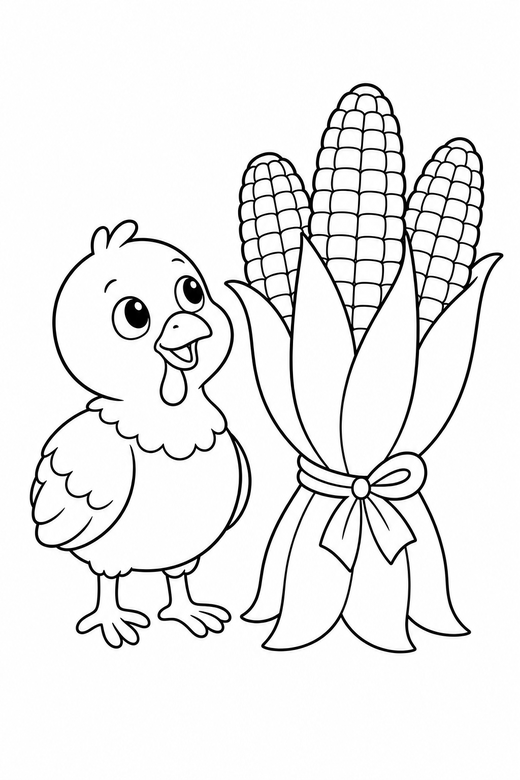 Turkey chick looking up with corn, color online