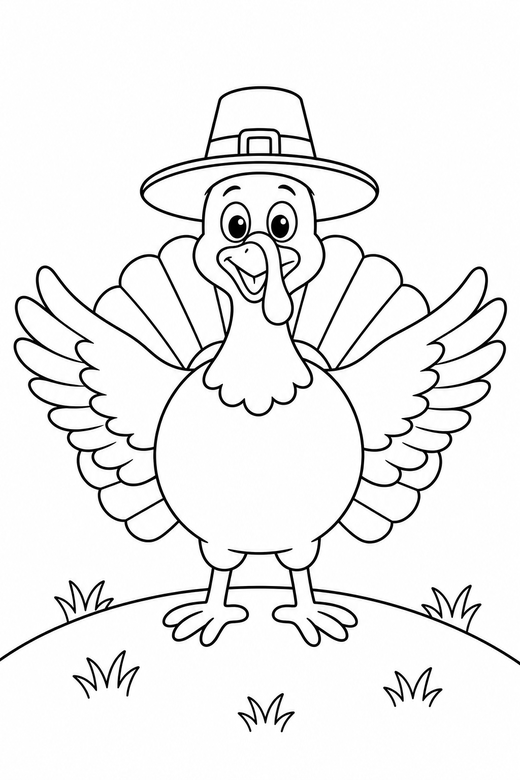 Turkey in a hat wings spread on a hill, color online
