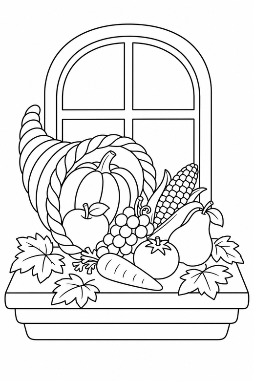 Cornucopia on a windowsill with leaves, color online