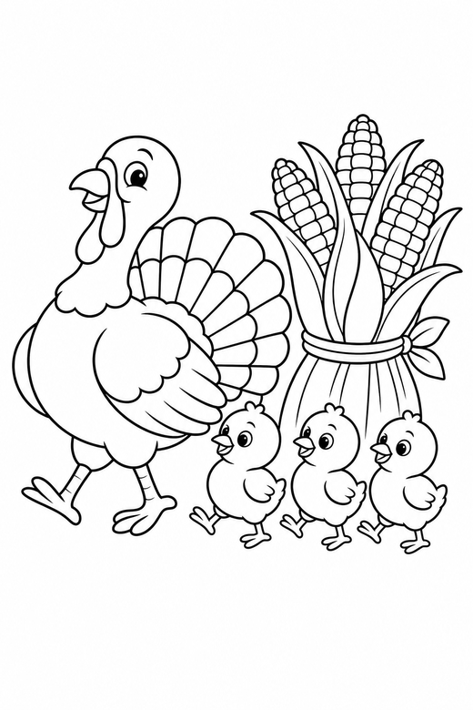 Turkey family strutting with corn, color online