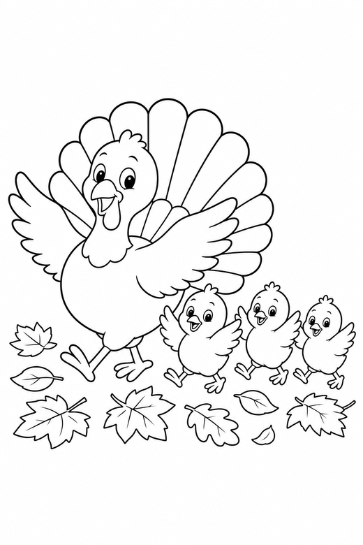 Turkey family wings spread among leaves, color online