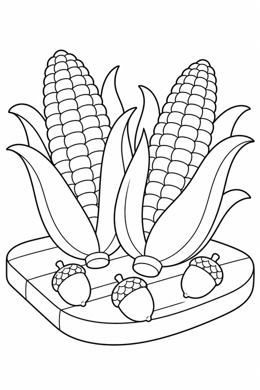 Corn cobs on a board with acorns, color online