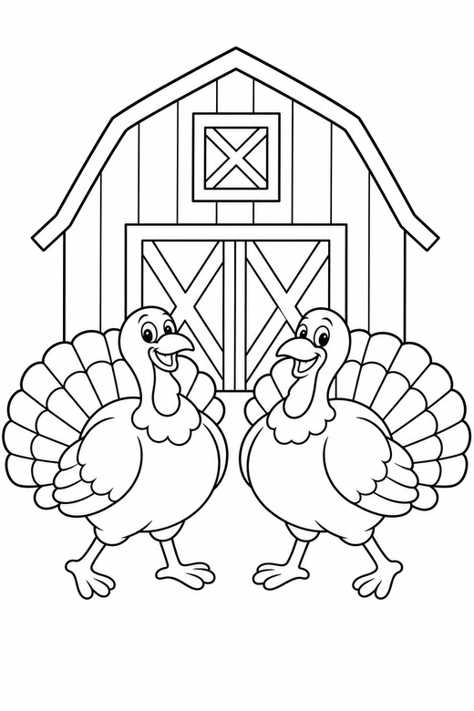 Two turkeys strutting by the barn, color online